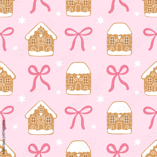 Sweet pastel seamless pattern with gingerbread houses, snow and pink ribbons.