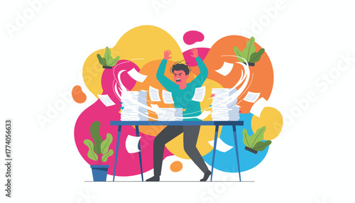 Stressed man overwhelmed by massive paperwork piles Workload chaos and frustration concept illustration