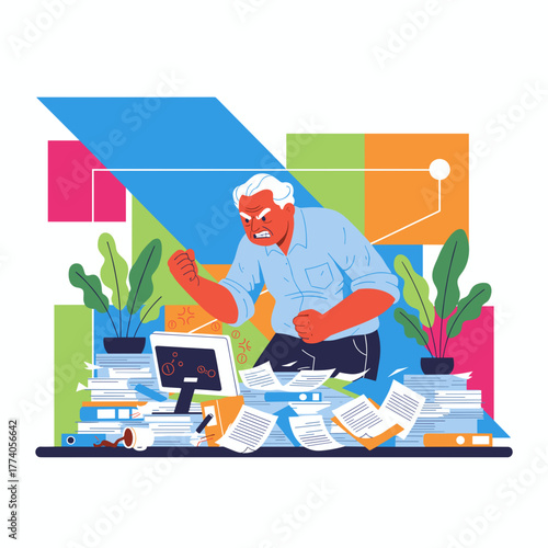 Furious businessman overwhelmed by huge piles of office paperwork illustrating stress and burnout