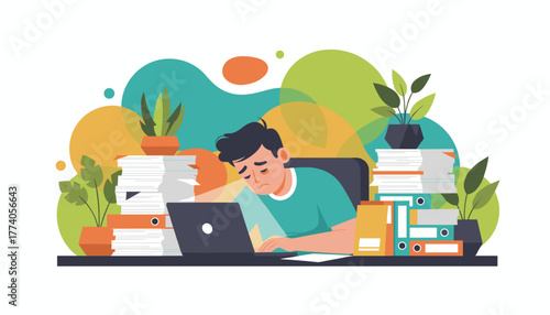 Stressed employee suffering burnout overwhelmed by excessive paperwork and working late