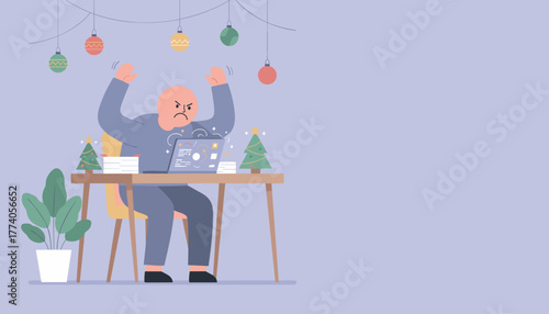 Angry employee stressed working during Christmas holidays with deadlines and laptop at desk