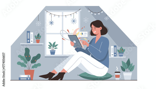 Woman uses tablet for remote workbusiness analysis in a cozy attic home office decorated for winter