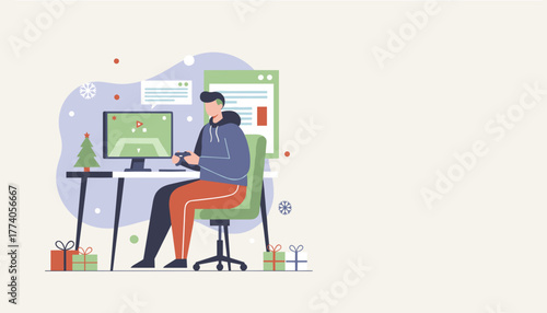 Gamer playing video games during winter holidays surrounded by snowflakes tree and gifts