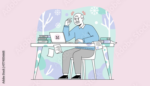 Stressed elderly man dealing with work frustration and deadlines while studying during winter