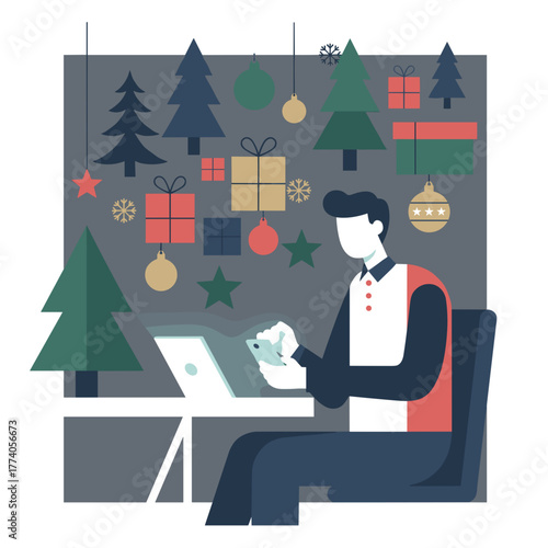 A person using a laptop and phone working remotely amidst festive holiday season decorations