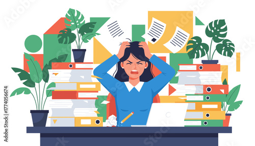 A highly stressed office worker is overwhelmed by a mountain of urgent paperwork and deadlines