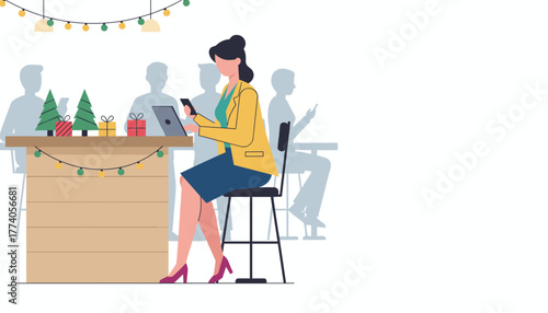 Professional woman using tech at a festive holiday work event isolated on white