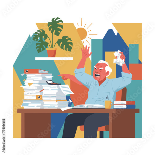 Angry senior man overwhelmed by giant stack of office paperwork and bureaucracy