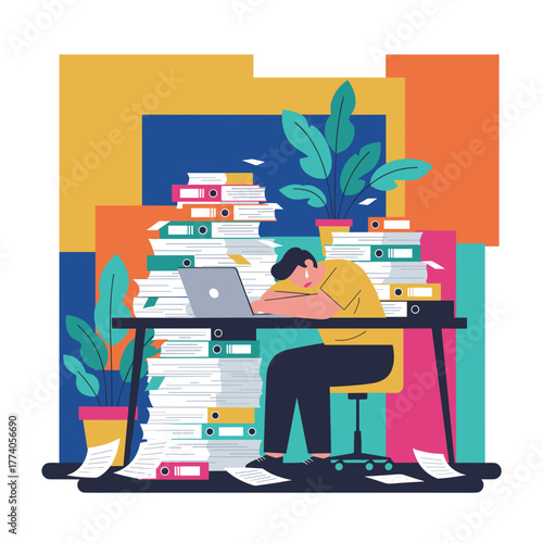 Employee stressed and crying overwhelmed by excessive paperwork and files at the office desk