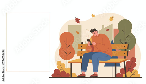 Stressed man reading upsetting news on his smartphone while sitting on a park bench in autumn