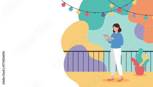 Woman uses a tablet on a modern balcony decorated with string lights Remote work and relaxation