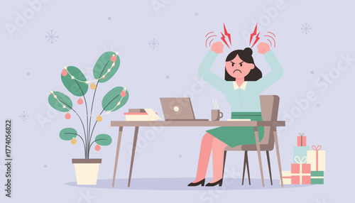 Holiday work stress Angry businesswoman sitting at her desk feeling burnout