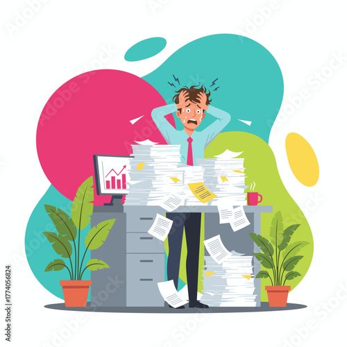 Stressed businessman overwhelmed by mountains of paperwork and office workload