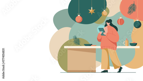 Flat design of a woman scrolling on a tablet in a cozy decorated home during winter holidays