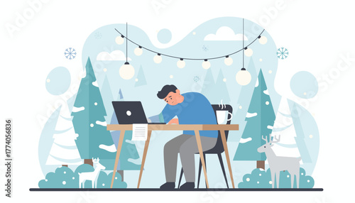 Stressed man working on laptop during winter holidays in snowy nature setting Remote work burnout