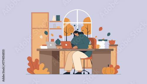 Stressed woman working from home during autumn dealing with heavy workload and job burnout