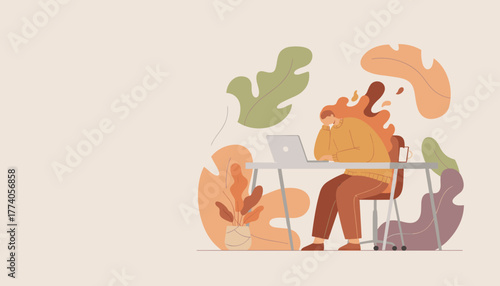 Burnout and stress concept Woman overwhelmed working remotely at her desk Flat vector