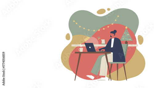 Remote worker using laptop at a festive desk with a Christmas tree illustration