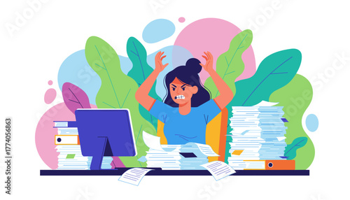 Angry employee suffering from work overload and burnout at her messy desk with documents