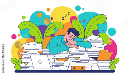 Man overwhelmed by stacks of office paper and deadlines suffering work burnout