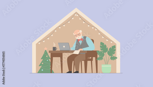 Senior man working on laptop in cozy home office decorated for holidays Remote work concept