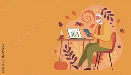 Elderly professional working remotely with tech Cozy fall illustration of business and finance