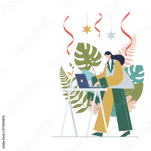 Professional woman working remotely on a laptop among tropical plants and festive decorations Modern illustration