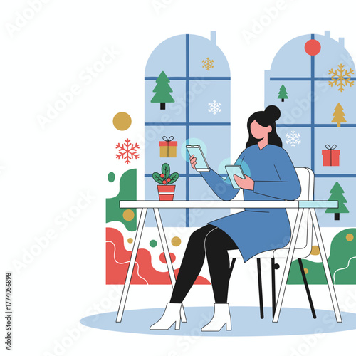 Digital holiday shopping Woman uses phone and tablet by a festive window illustration