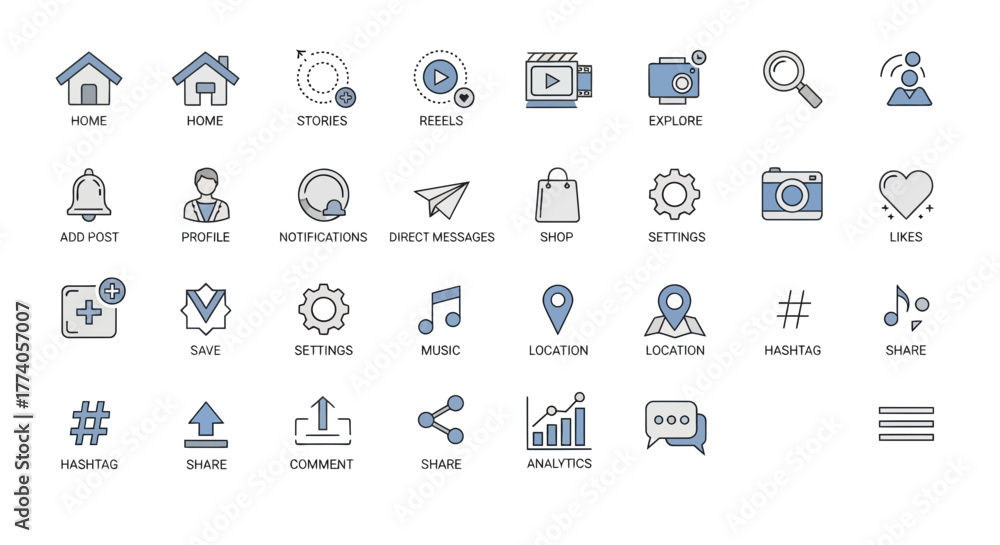 Obraz premium Social Media App Icons Set Home Profile Notifications Direct Messages Explore Reels Stories