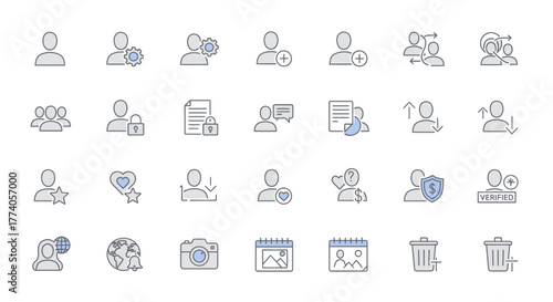 Tech User Icons Set with Personas and Interactions Flat Design Line Art Style