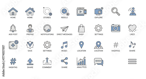 Social Media App Icons Set Home Profile Notifications Direct Messages Explore Reels Stories