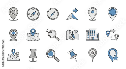 Set of Location and Navigation Icons for Mapping Directions and Geolocation Services