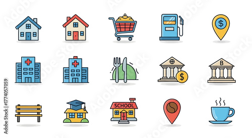 Daily Life and Essential Services Icons Set Simple Line Graphics for Public Utilities and Apps