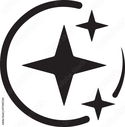 Minimalist black star icon with radiating circular line and small sparkle accents