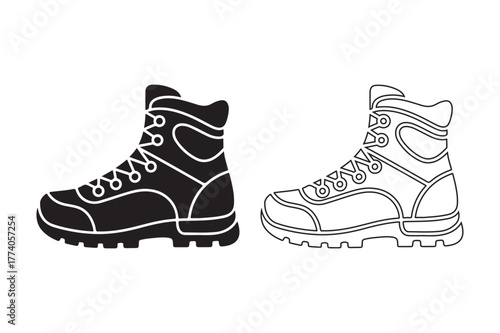 Black and white outline drawing of a combat boot