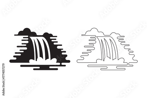 Black and white waterfall icons with clouds
