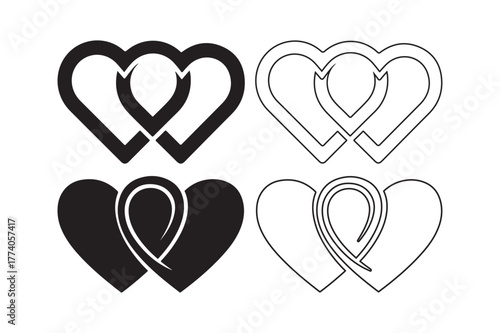 Four intertwined heart designs in black and white