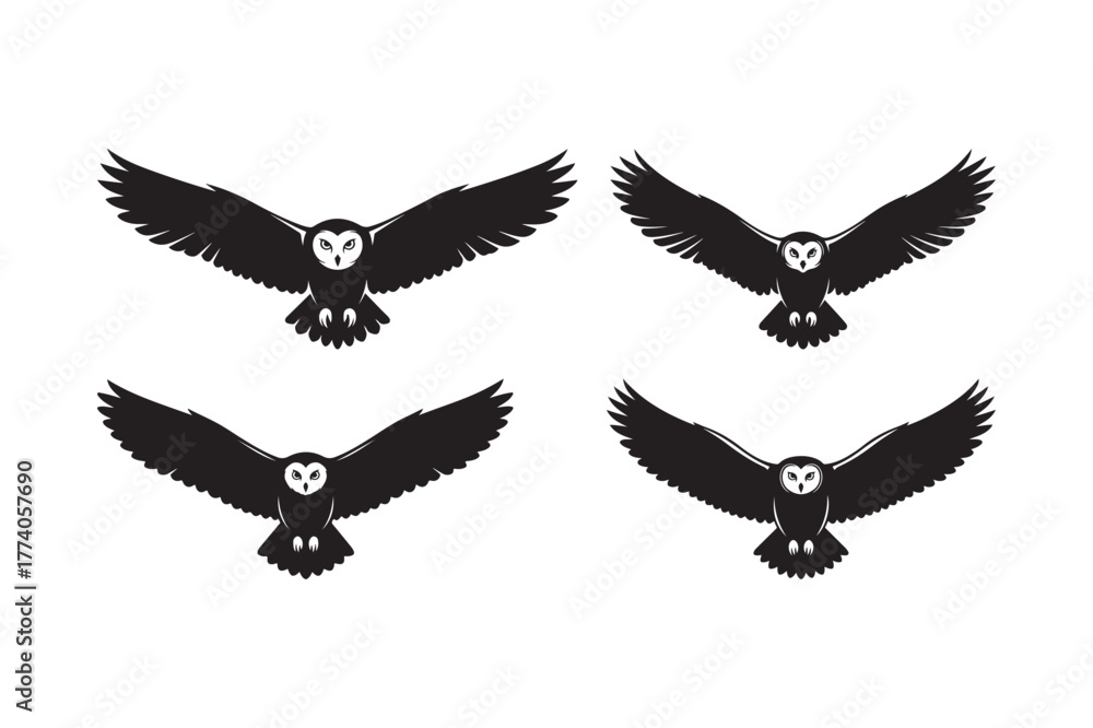 Fototapeta premium Four black silhouettes of owls in flight