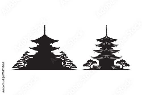 Silhouettes of traditional japanese pagodas and pine trees