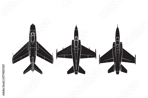 Three silhouette fighter jets in formation