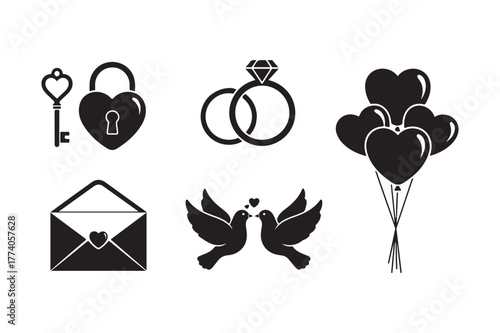 Romantic symbols of love and marriage icons