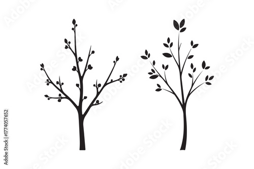 Two stylized black silhouettes of bare trees with sparse leaves