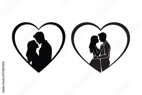 Romantic couple silhouettes embracing inside heart shapes
