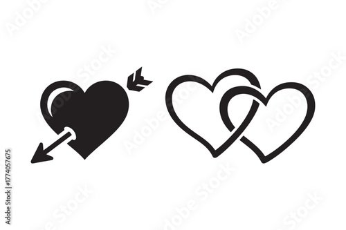 Two hearts connected and one heart pierced by an arrow