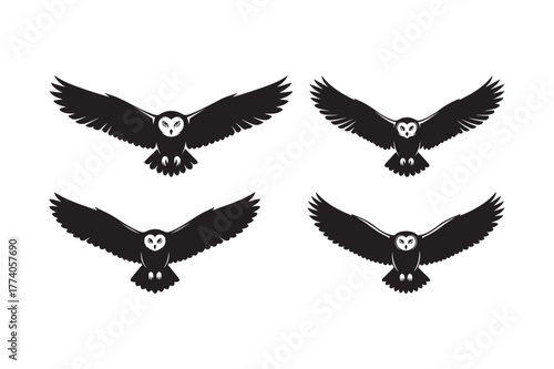 Four black silhouettes of owls in flight