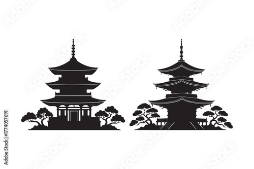 Two silhouetted japanese pagodas with pine trees
