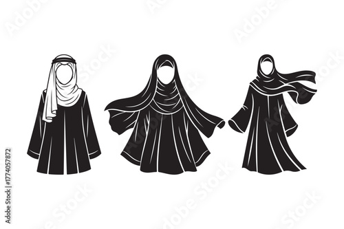 Three women in traditional islamic clothing silhouettes