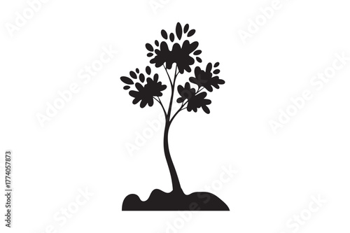 Stylized silhouette of a small tree with leafy branches