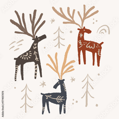 Boho tribal celestial ornate moose set character vector hand drawn illustration. Modern folk patterned Norwegian woodland fauna with horns north animals in Scandinavian style. Floral Slovak ornamental