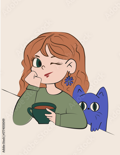 A girl with a cat sitting at a table, with a cup of coffee nearby. The atmosphere is cozy and calm, the image is in light tones, creating a pleasant feeling of home comfort.